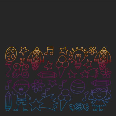 Çocuk Bahçesi, kuvvetler, çizilmiş çocuk bahçe elemanları desen el, illüstrasyon, vektör, illüstrasyon, dikey doodle,