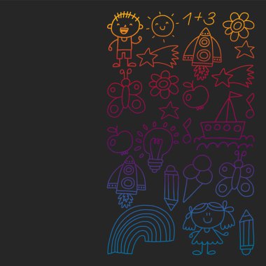 Çocuk Bahçesi, kuvvetler, çizilmiş çocuk bahçe elemanları desen el, illüstrasyon, vektör, illüstrasyon, dikey doodle,