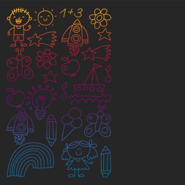 Çocuk Bahçesi, kuvvetler, çizilmiş çocuk bahçe elemanları desen el, illüstrasyon, vektör, illüstrasyon, dikey doodle,