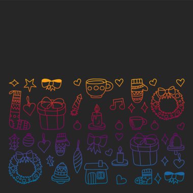 Vektör Noel ayarla, stil tatil simgeleri doodle. Boyalı, renkli, degrade resimlerin kağıda yazı tahtası üzerinde.