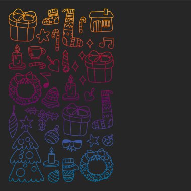 Vektör Noel ayarla, stil tatil simgeleri doodle. Boyalı, renkli, degrade resimlerin kağıda yazı tahtası üzerinde.