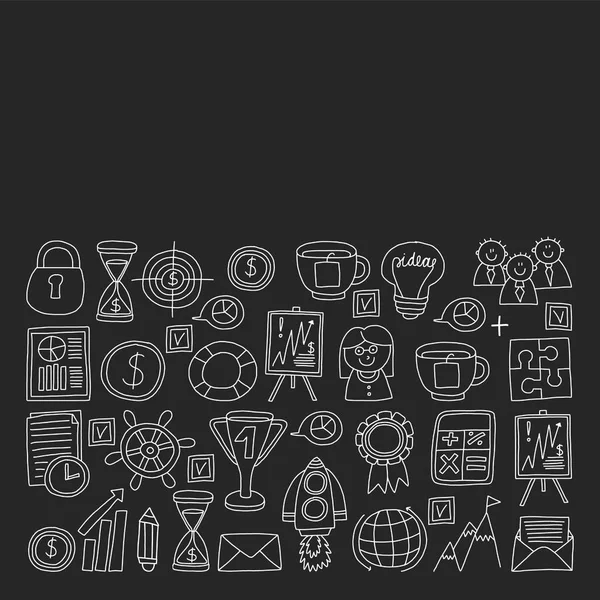 Conjunto vectorial de iconos de bussines en tiza estilo doodle sobre fondo negro . — Vector de stock