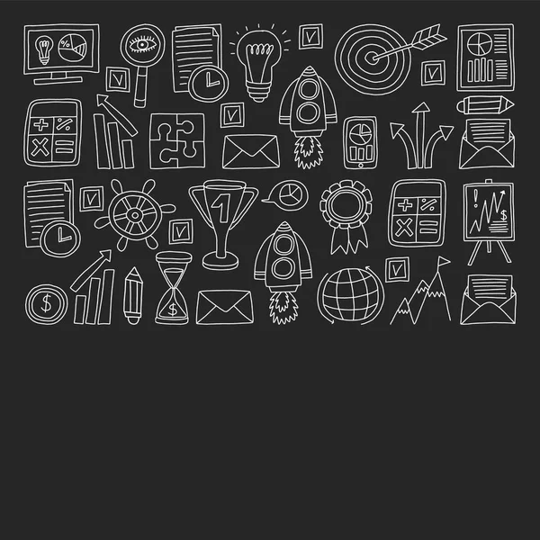 Conjunto vectorial de iconos de bussines en tiza estilo doodle sobre fondo negro . — Archivo Imágenes Vectoriales