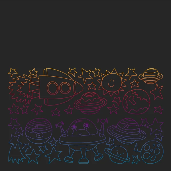 Conjunto vectorial de iconos de elementos espaciales en estilo doodle. Cuadros pintados, coloridos, degradados en un pedazo de papel en pizarra . — Vector de stock