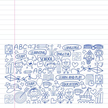 Kazanç İngilizce dil, dizi doodle tarzı çocuk drawingicons simgeler vektör. Boyalı, kağıda beyaz arka planda siyah tek renkli, Resimler.