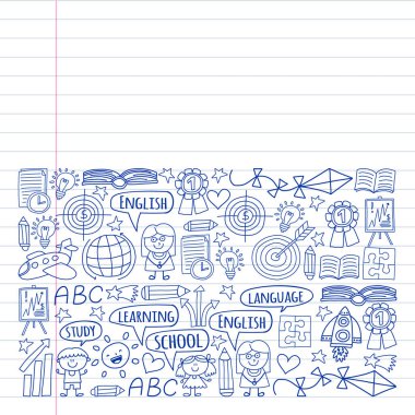 Kazanç İngilizce dil, dizi doodle tarzı çocuk drawingicons simgeler vektör. Boyalı, kağıda beyaz arka planda siyah tek renkli, Resimler.