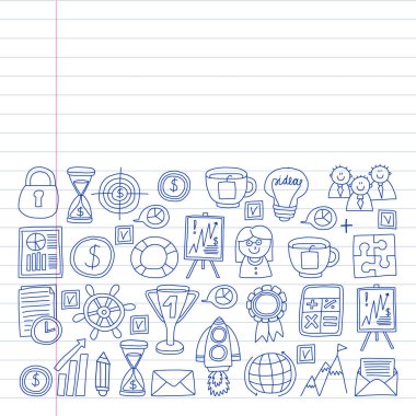 Doodle tarzında bussines simgeleri Vektör kümesi. satırda bir kağıt parçası penon ile boyanmış.