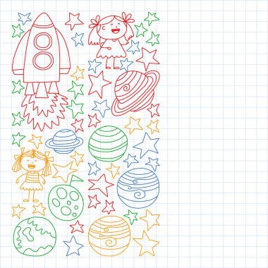 Doodle tarzı alanı öğeleri simgelerin vektör kümesi. Beyaz bir arka plan üzerinde Kareli kağıt üzerine bir boyalı, renkli, Resimler.