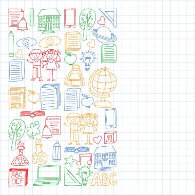 Vektör doodle tarzı ortaokul simgeler kümesi. Beyaz bir arka plan üzerinde Kareli kağıt üzerine bir boyalı, renkli, Resimler.