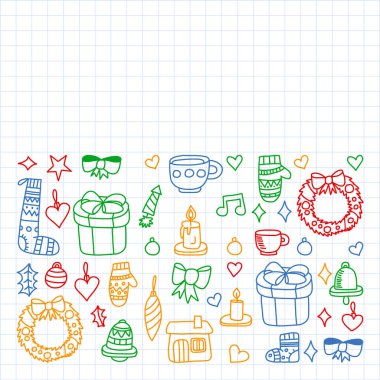 Vektör seti Noel, tatil kış günleri 2019, 2020, vektör illüstrasyon. Yeni yıl deseni, doodle tarzında bir öğretmen simgeleri ile çocuk çizimleri. Boyalı, renkli, ch bir levha üzerinde resimler