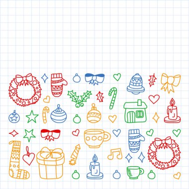 Vektör seti Noel, tatil kış günleri 2019, 2020, vektör illüstrasyon. Yeni yıl deseni, doodle tarzında bir öğretmen simgeleri ile çocuk çizimleri. Boyalı, renkli, ch bir levha üzerinde resimler