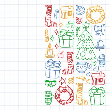 Vektör seti Noel, tatil kış günleri 2019, 2020, vektör illüstrasyon. Yeni yıl deseni, doodle tarzında bir öğretmen simgeleri ile çocuk çizimleri. Boyalı, renkli, ch bir levha üzerinde resimler