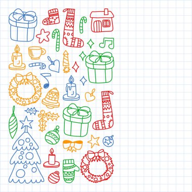 Vektör seti Noel, tatil kış günleri 2019, 2020, vektör illüstrasyon. Yeni yıl deseni, doodle tarzında bir öğretmen simgeleri ile çocuk çizimleri. Boyalı, renkli, ch bir levha üzerinde resimler