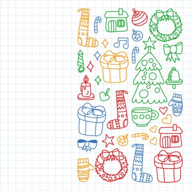 Vektör seti Noel, tatil kış günleri 2019, 2020, vektör illüstrasyon. Yeni yıl deseni, doodle tarzında bir öğretmen simgeleri ile çocuk çizimleri. Boyalı, renkli, ch bir levha üzerinde resimler