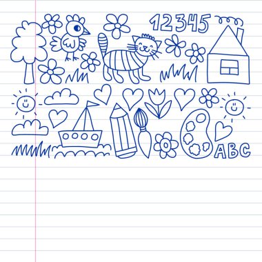 Anaokulu desen, çizilmiş çocuklar bahçe elemanları desen, çizim doodle, illüstrasyon, tek renkli, çizgi, mavi vektör.