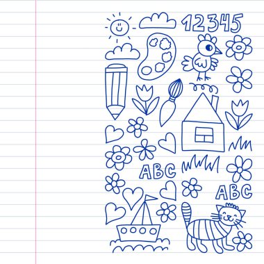 Anaokulu desen, çizilmiş çocuklar bahçe elemanları desen, çizim doodle, illüstrasyon, tek renkli, çizgi, mavi vektör.