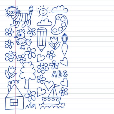 Anaokulu desen, çizilmiş çocuklar bahçe elemanları desen, çizim doodle, illüstrasyon, tek renkli, çizgi, mavi vektör.