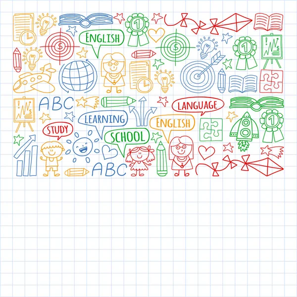 Vektor-Set englischer Sprache, Kinder-Drawingicons-Symbole im Doodle-Stil. gemalt, bunt, Bilder auf einem Blatt kariertem Papier auf weißem Hintergrund. — Stockvektor