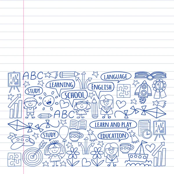 Vektor-Set der englischen Sprache verdienen, Kinder Drawingicons Symbole im Doodle-Stil. bemalt, schwarz monochrom, Bilder auf einem Blatt Papier auf weißem Hintergrund. — Stockvektor