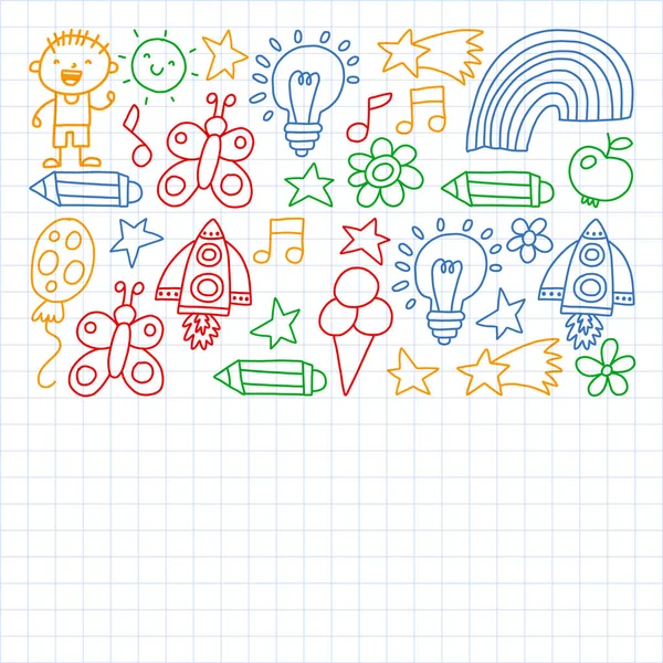Jardín de los niños, Patern, dibujado a mano patrón de elementos de jardín de los niños, doodle ilustración, Vector, ilustración , — Vector de stock