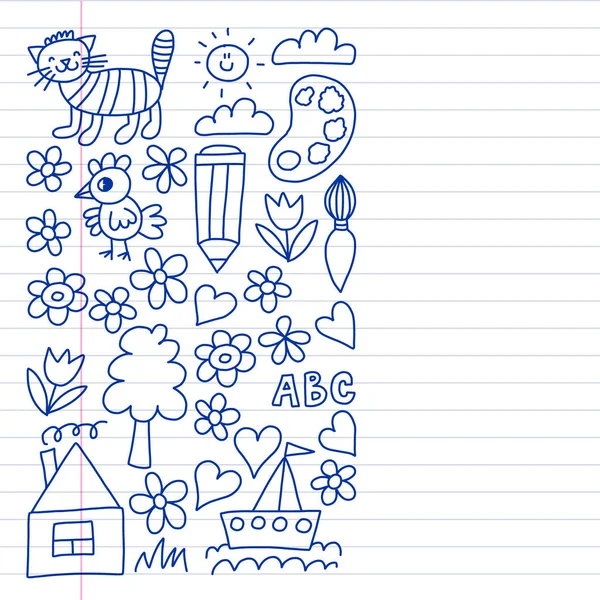 Motif de jardin d'enfants, motif d'éléments de jardin pour enfants dessinés, dessin doodle, illustration vectorielle, monochrome, ligne, bleu . — Image vectorielle