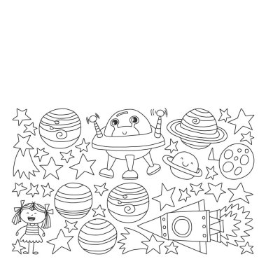 Doodle tarzı alanı öğeleri simgelerin vektör kümesi. Boyalı, kağıda beyaz arka planda siyah tek renkli, Resimler.