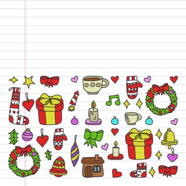 Vektör Noel ayarla, stil tatil simgeleri doodle. Beyaz arka plan üzerinde doğrusal bir kağıda boyanmış, renkli, resimleri.