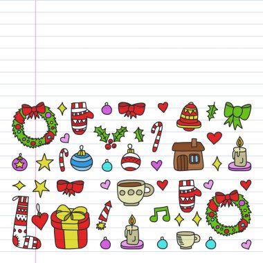 Vektör Noel ayarla, stil tatil simgeleri doodle. Beyaz arka plan üzerinde doğrusal bir kağıda boyanmış, renkli, resimleri.