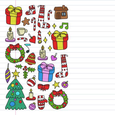 Vektör Noel ayarla, stil tatil simgeleri doodle. Beyaz arka plan üzerinde doğrusal bir kağıda boyanmış, renkli, resimleri.