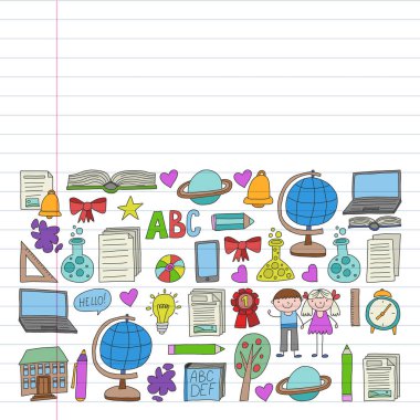 Geri okul simgeleri doodle tarzı vektör kümesi. Beyaz arka plan üzerinde doğrusal bir kağıda boyanmış, renkli, resimleri.