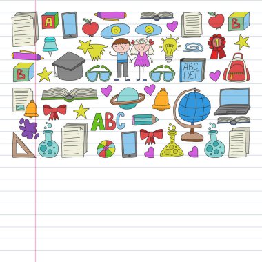 Geri okul simgeleri doodle tarzı vektör kümesi. Beyaz arka plan üzerinde doğrusal bir kağıda boyanmış, renkli, resimleri.