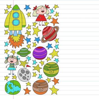 Doodle tarzı alanı öğeleri simgelerin vektör kümesi. Beyaz arka plan üzerinde doğrusal bir kağıda boyanmış, renkli, resimleri.