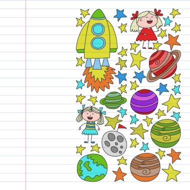 Doodle tarzı alanı öğeleri simgelerin vektör kümesi. Beyaz arka plan üzerinde doğrusal bir kağıda boyanmış, renkli, resimleri.