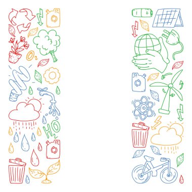 Vektör logosu, tasarım ve rozet trendy çizim tarzı - sıfır atık kavramı, geri dönüşüm ve yeniden, azaltmak - ekolojik yaşam tarzı ve sürdürülebilir gelişmeler simgeleri.