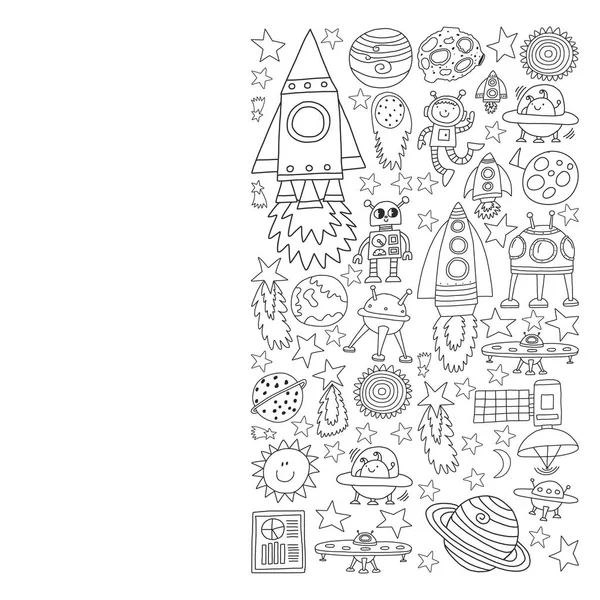 Conjunto vectorial de iconos de elementos espaciales en estilo doodle. Pintado, monocromo negro, cuadros sobre un papel sobre fondo blanco . — Vector de stock