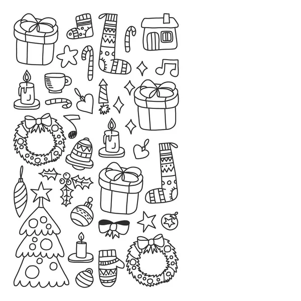 Navidad, vacaciones, invierno, ilustración vectorial. El patrón de Año Nuevo, los dibujos infantiles con el maestro, el marco . — Archivo Imágenes Vectoriales