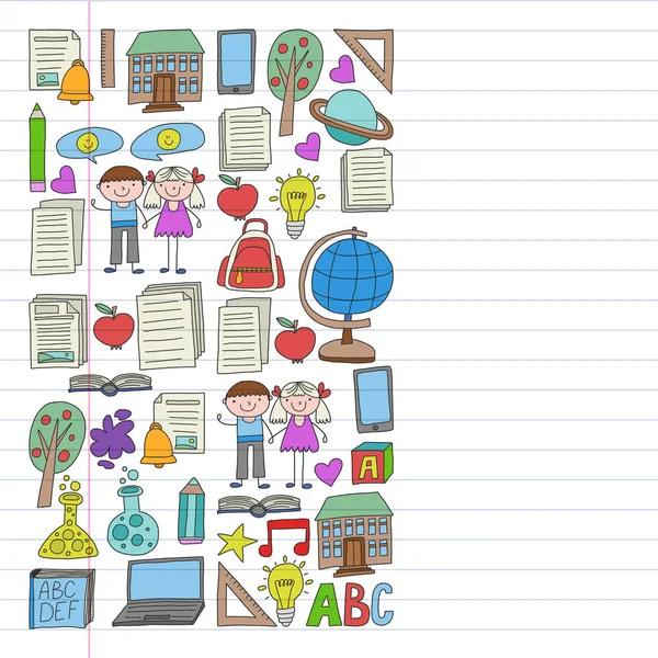 Vektor-Set von Schulsymbolen im Doodle-Stil. gemalt, bunt, Bilder auf linearem Papier auf weißem Hintergrund. — Stockvektor
