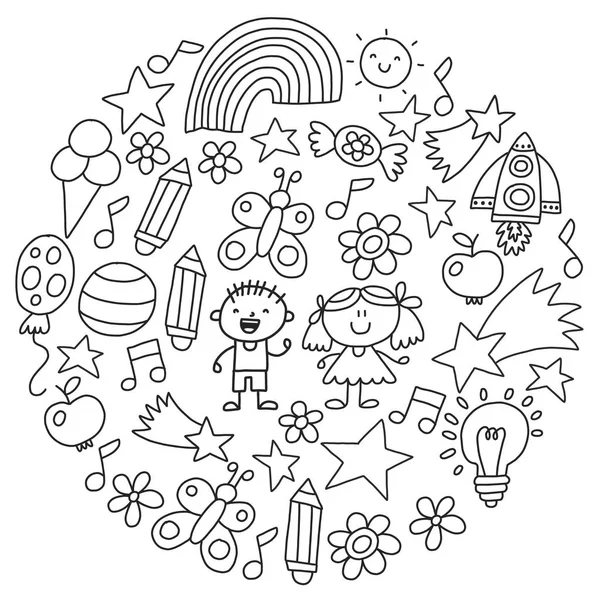 Детский сад, Монохромный ручной рисунок детей садовые элементы узор, каракули иллюстрации, вектор, иллюстрация, черный, белый, фон . — стоковый вектор