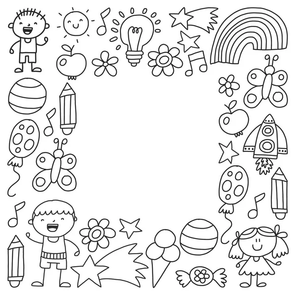 Kindergarten, monochrom handgezeichnete Kinder Gartenelemente Muster, Kritzelillustration, Vektor, Illustration, schwarz, weiß, Hintergrund. — Stockvektor