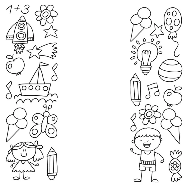 Kindergarten, monochrom handgezeichnete Kinder Gartenelemente Muster, Kritzelillustration, Vektor, Illustration, schwarz, weiß, Hintergrund. — Stockvektor