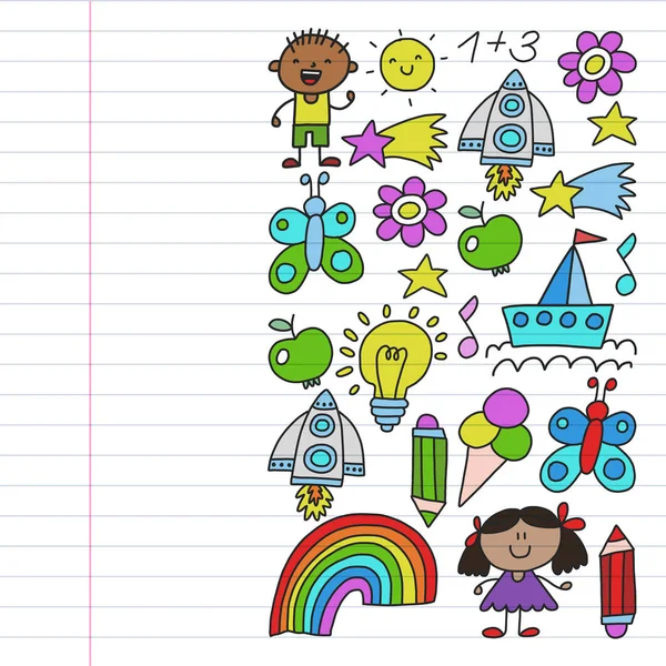 Children garden, Patern, Hand drawn children garden elements pattern, doodle illustration, Vector, illustration, Vertical, line.