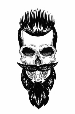 Sakallı kafatası monokrom illüstrasyon berber dükkanı, bıyık, hipster saç kesimi ve beyaz arka plan, karikatür, kızgın, güzel, acımasız.