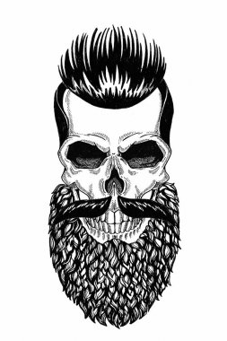 Sakallı kafatası monokrom illüstrasyon berber dükkanı, bıyık, hipster saç kesimi ve beyaz arka plan, karikatür, kızgın, güzel, acımasız.