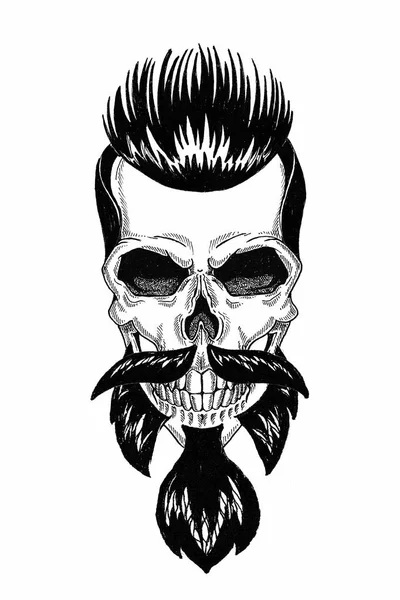 Illustration monochrome salon de coiffure de crâne avec barbe, moustache, coupe de cheveux hipster et sur fond blanc, dessin animé, en colère, beau, brutal . — Photo