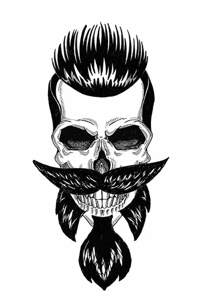 Peluquería de ilustración monocromática de cráneo con barba, bigote, corte de pelo hipster y sobre fondo blanco, dibujos animados, enojado, hermoso, brutal . — Foto de Stock