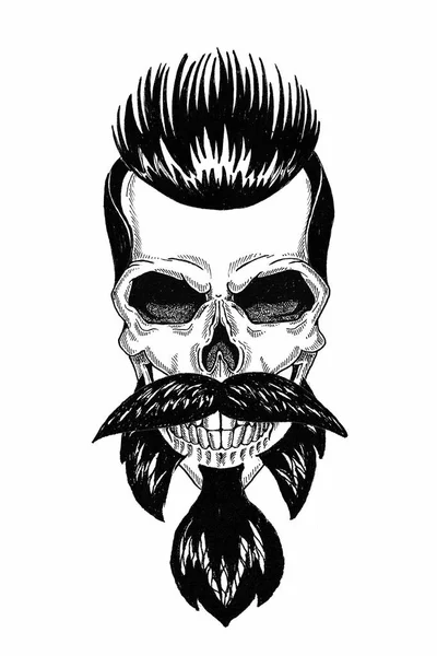Monochromatyczna ilustracja Barbershop czaszki z brodą, wąsy, fryzura Hipster i na białym tle, kreskówki, zły, piękny, brutalny. — Zdjęcie stockowe