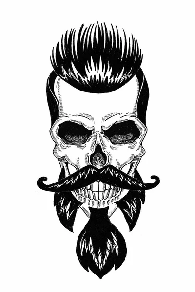 Monochrome Illustration Barbershop des Totenkopfes mit Bart, Schnurrbart, Hipster-Frisur und auf weißem Hintergrund, Karikatur, wütend, schön, brutal. — Stockfoto