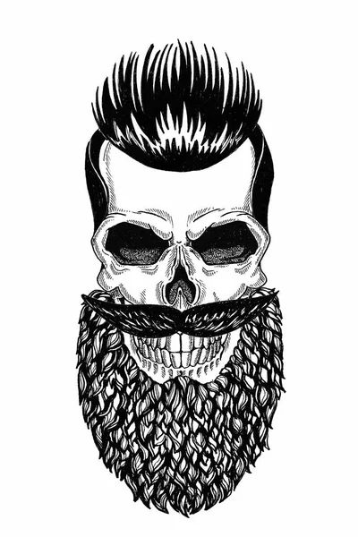 Illustrazione monocromatica barbiere di teschio con barba, baffi, taglio di capelli hipster e su sfondo bianco, cartone animato, arrabbiato, bello, brutale . — Foto Stock