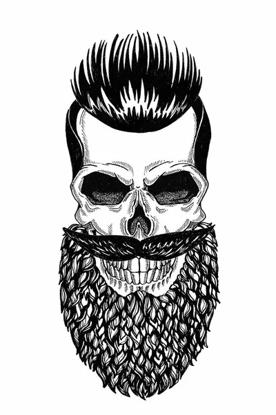 Illustration monochrome salon de coiffure de crâne avec barbe, moustache, coupe de cheveux hipster et sur fond blanc, dessin animé, en colère, beau, brutal . — Photo