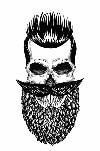 Monochrome Illustration Barbershop des Totenkopfes mit Bart, Schnurrbart, Hipster-Frisur und auf weißem Hintergrund, Karikatur, wütend, schön, brutal. — Stockfoto